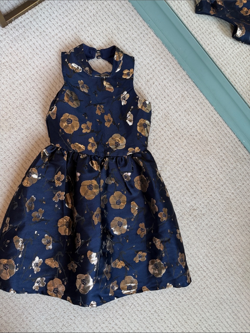 Navy Floral Metallic Girls Party Dress